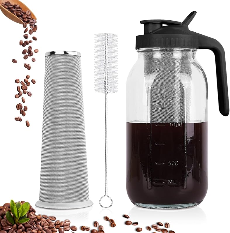 Cold Brew Coffee Maker with 64 oz Glass Mason Jar, Stainless Steel Fil