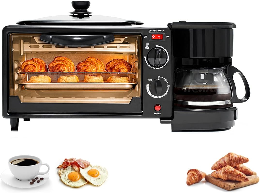 Portable 3-in-1 Breakfast Station: Non-Stick Griddle, Coffee Maker, an